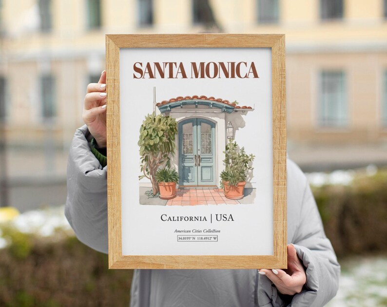 Santa Monica Watercolor Print, Minimalist Entrance Door Wall Art image 7