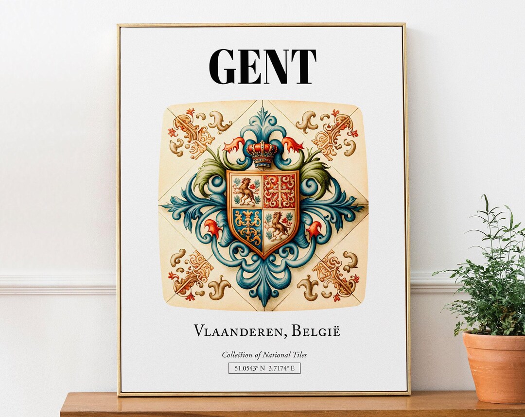 Gent Belgium Art Print: Folk Tile Pattern, Coat of Arms Decor - Etsy