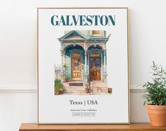 Galveston, Texas, USA, Aesthetic Minimalistic Watercolor Traditional Door, Wall Art Print Poster, Bathroom Wall Art