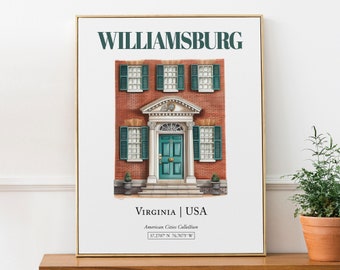 Williamsburg, Virginia, USA, Aesthetic Minimalistic Watercolor Traditional Door, Wall Art Décor Print Poster, Kitchen Wall Decor