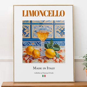 Limoncello on Maiolica tile, Italian Traditional Beverage Print Poster, Kitchen and Bar Wall Décor