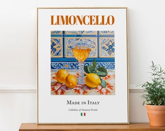 Limoncello on Maiolica tile, Italian Traditional Beverage Print Poster, Kitchen and Bar Wall Décor