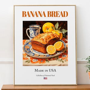 Banana Bread on Maiolica tile plate, Traditional American Food Wall Art Print Poster, Kitchen and Café Decor, Food Lover Gift