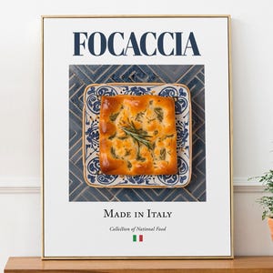 Focaccia en plato de baldosas de mayólica, póster de decoración de pared de comida tradicional italiana, regalo gastronómico, arte de pared para cocina, cafetería o restaurante