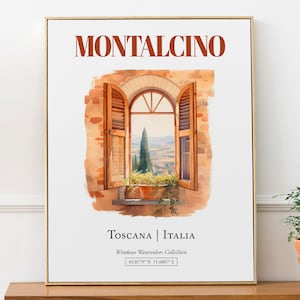 Affiche imprimée de voyage Montalcino (Toscana, Italie), fenêtre traditionnelle Illustration aquarelle art mural, cadeau pour amoureux de l'Italie
