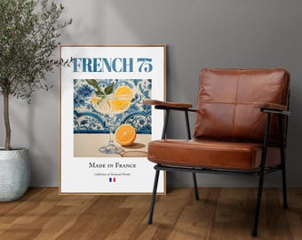 Franse 75 op majolicategels, poster met traditionele Franse drank (drank), muurkunst keuken en bar