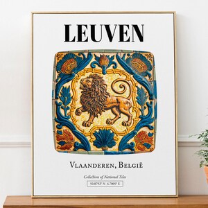 Leuven, Vlaanderen, Belgia, Wzór kafelkowy z żółtym lwem Estetyczny plakat ścienny