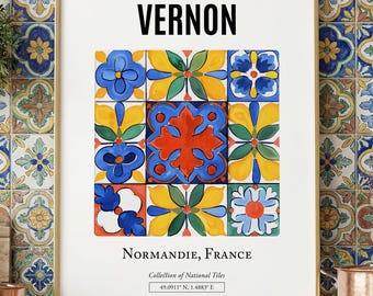 Vernon, Normandie, France, Aesthetic Traditional Tile, Wall Decor Print Poster, Bedroom Wall Decor