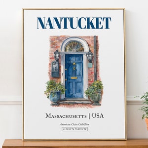 Nantucket, Massachusetts, USA, Aesthetic Minimalistic Watercolor Traditional Door, Wall Art Print Poster, Living Room Wall Art