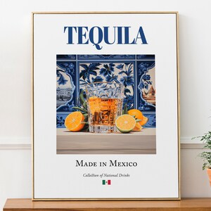 Tequila su piastrelle di maiolica, bevanda tradizionale messicana, poster stampato, decorazione da parete per cucina e bar