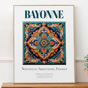 Bayonne, Nouvelle-Aquitaine, France, Aesthetic Folk Traditional Tile, Wall Art Décor Print Poster, Dorm Wall Decor