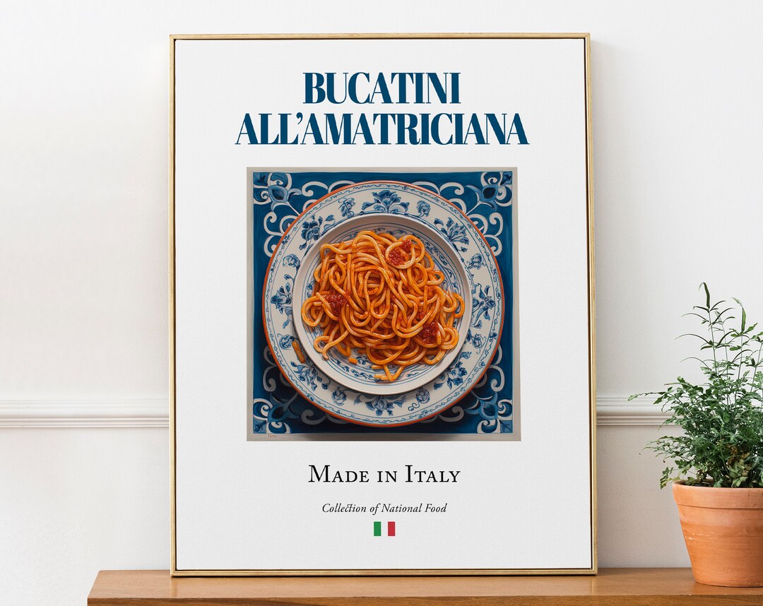 Bucatini All'amatriciana on Maiolica Tile Plate, Traditional Italian