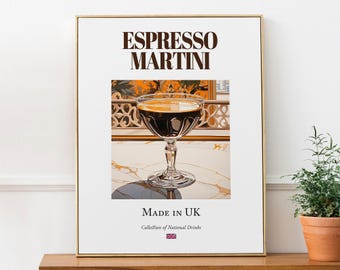 Pôster de Espresso Martini, bebida tradicional inglesa, arte de parede para bar ou cozinha.