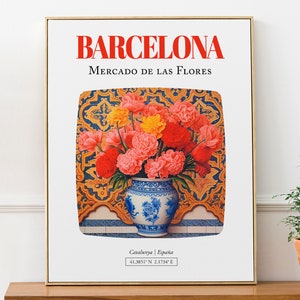 Barcelona (Catalunya, España) Mercado de las Flores, Ramo de claveles en jarrón de mayólica Póster impreso sobre pared