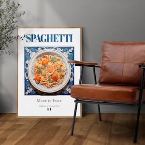 Spaghetti auf Maiolica Fliesen Platte, Traditionelles Italienisches Essen Wand Kunst Druck Poster, Küche und Café Dekor, Foodie Geschenk