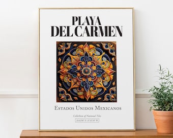 Playa del Carmen Tile Art Print, Mexican Folk Design