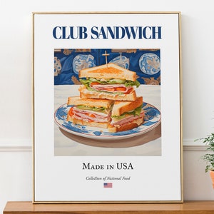 Club Sandwich su piatto in maiolica, poster con stampa artistica da parete di cibo tradizionale americano, decorazione per cucina e bar, regalo per gli amanti del cibo