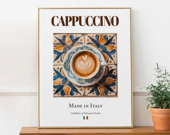 Cappuccino on Maiolica tile, Italian Traditional Beverage Print Poster, Kitchen and Bar Wall Art