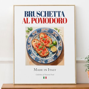 Bruschetta al pomodoro sur plaque de tuile Maiolica, affiche imprimée d&#39;art mural cuisine italienne traditionnelle, décoration de cuisine et de café, cadeau pour gourmets