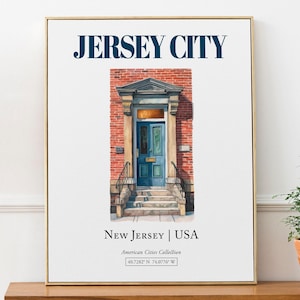 Póster con impresión de decoración de pared, estilo minimalista estético con acuarela, estilo tradicional de puerta de Jersey City, Nueva Jersey, EE. UU., arte de pared para baño