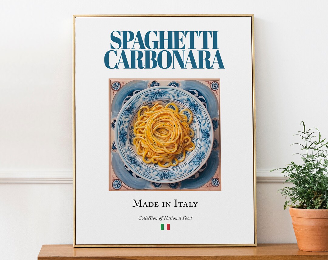 Spaghetti Carbonara on Maiolica Tile Plate, Traditional Italian Food