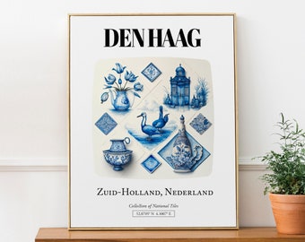 Den Haag, Netherlands, Traditional Blue Tile Pattern Aesthetic Wall Art Decor Print Poster