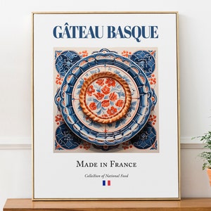 Gâteau Basque on Maiolica tile plate, Traditional French Food Wall Art Print Poster, Kitchen and Café Decor, Foodie Gift