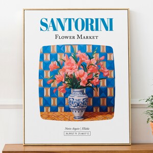 Póster con impresión de arte mural sobre el mercado de flores de Santorini (Notio Aigaio, Elláda), ramo de buganvillas en jarrón de mayólica