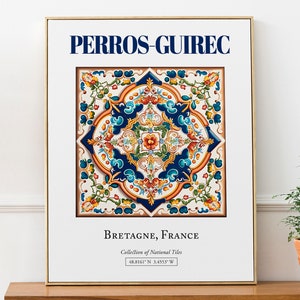 Póster con impresión de arte de pared, póster para sala de estar, azulejos tradicionales estéticos, Perros-Guirec, Bretaña, Francia