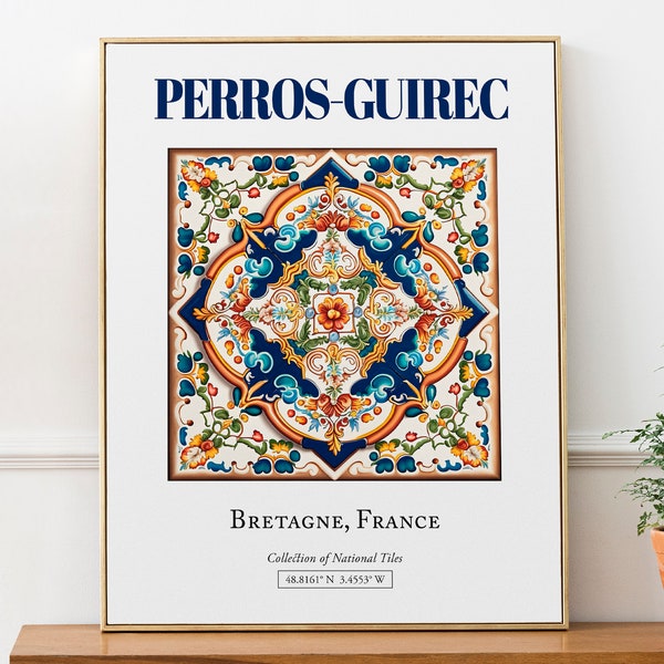 Perros-Guirec, Bretagne, France, Aesthetic Traditional Tile, Wall Art Décor Print Poster, Living Room Poster