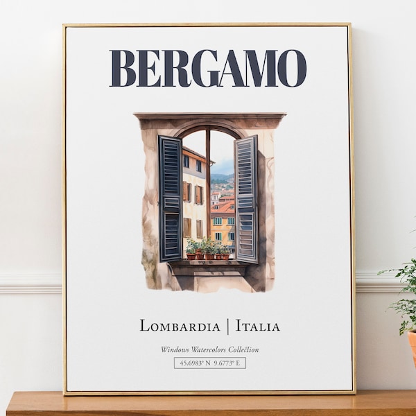 Bergamo (Lombardia, Italia) Travel Print Poster, Traditional Window Watercolor Illustration Wall Art, Italy Lover Gift