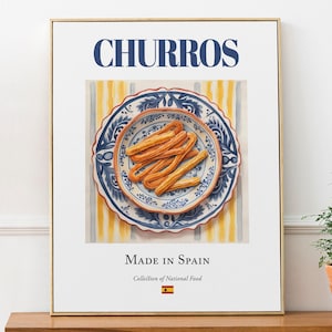 Churros on Maiolica tile plate, Traditional Spanish Food Wall Decor Print Poster Foodie Gift Kitchen Wall Art