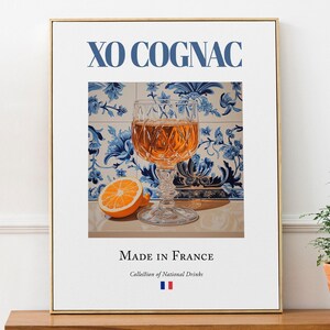 Póster con impresión de coñac XO sobre baldosa de mayólica, bebida tradicional francesa, arte mural para cocina y bar