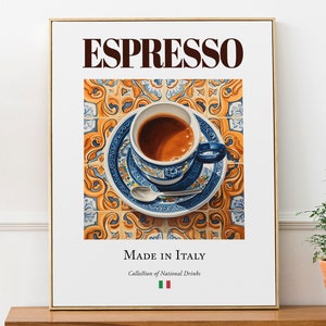 Espresso su piastrelle di maiolica, poster di stampa di bevande tradizionali italiane, arte murale per cucina e bar
