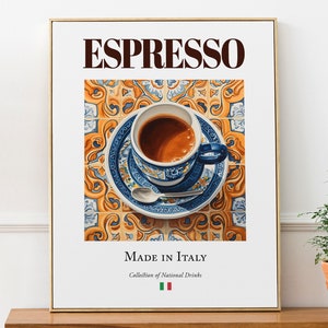 Espresso on Maiolica tile, Italian Traditional Beverage Print Poster, Kitchen and Bar Wall Art