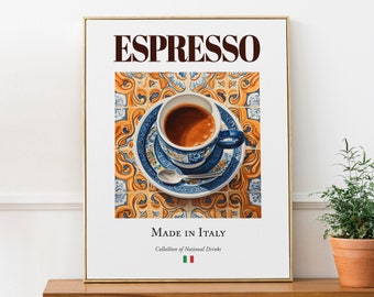 Espresso on Maiolica tile, Italian Traditional Beverage Print Poster, Kitchen and Bar Wall Art