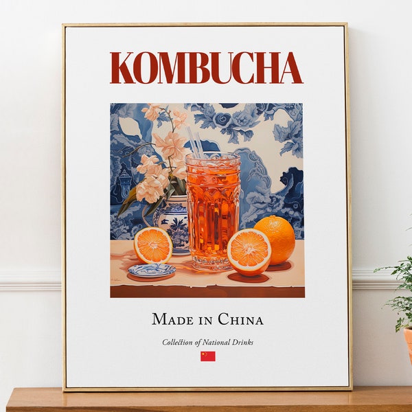 Kombucha on Maiolica Tile, Traditional Chinese Beverage (Drink) Print Poster, Kitchen and Bar Wall Art