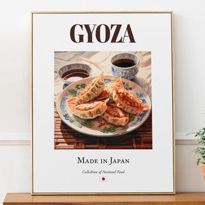 Gyoza on Maiolica tile plate, Traditional Japanese Food Wall Art Print Poster, Kitchen and Café Decor, Food Lover Gift