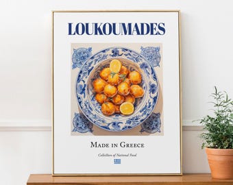 Loukoumades-print, traditioneel Grieks eten, majolica-tegelkunst, keukendecor