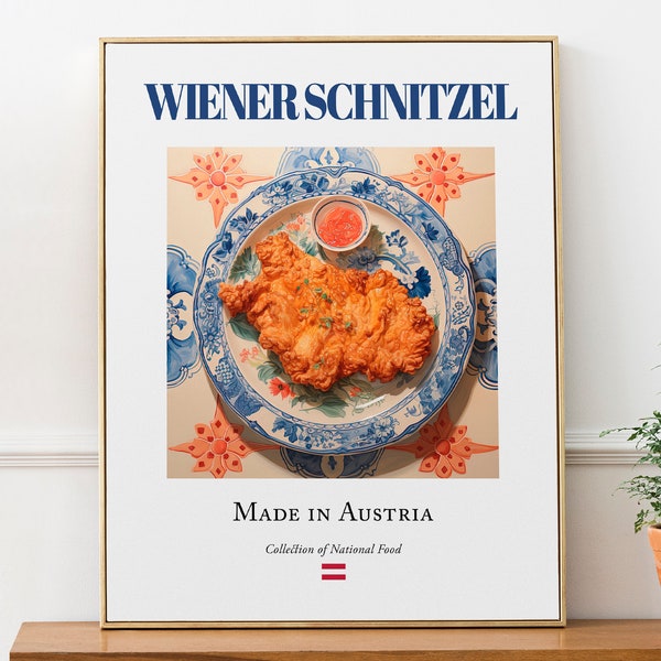 Wiener Schnitzel auf Maiolica-Fliesenplatte, Wand-Kunstdruck Poster für Küche und Café, Geschenk für Feinschmecker