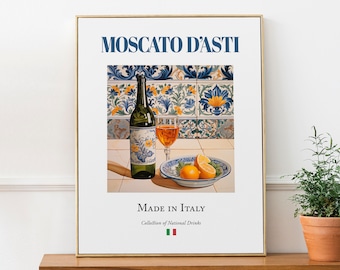 Moscato D'asti wijn op Maiolica tegel, traditionele Italiaanse drank (drank) print poster, keuken en bar kunst aan de muur