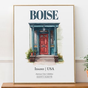 Boise, Idaho, EE. UU., puerta tradicional de acuarela minimalista estética, póster con impresión de arte de pared, arte de pared de baño