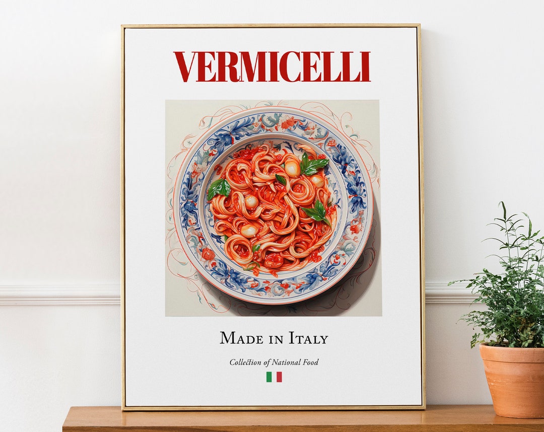 Vermicelli on Maiolica Tile Plate, Traditional Italian Food Wall Art