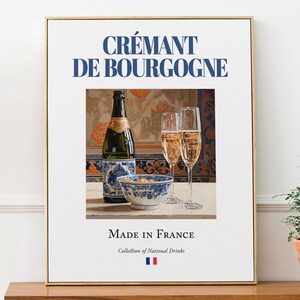 Crémant De Bourgogne na płytce majolikowej, tradycyjny francuski napój (napój) plakat, sztuka ścienna do kuchni i baru