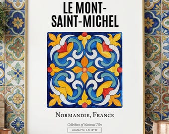 Impresión de Le Mont-Saint-Michel, arte de azulejos normandos, decoración de la pared de Francia