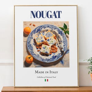 Nougat on Maiolica tile plate, Traditional Italian Food Wall Art Print Poster, Kitchen and Café Decor, Foodie Gift