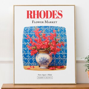 Póster con decoración de pared con ramo de buganvillas en jarrón de mayólica del mercado de flores de Rodas (Notio Aigaio, Elláda)