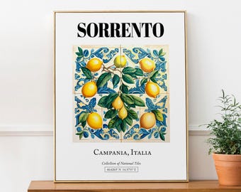 Sorrento, Campania, Italy, Yellow Lemons with Green Leaves Tile Pattern Aesthetic Wall Art Decor Print Poster