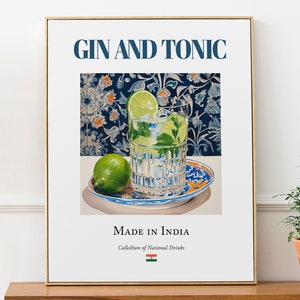Gin Tonic sobre baldosas de mayólica, póster con impresión de bebida tradicional india, arte mural para cocina y bar