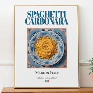 Spaghetti Carbonara on Maiolica tile plate, Traditional Italian Food Wall Art Print Poster Foodie Gift Kitchen Cafe / Restaurant Wall Art